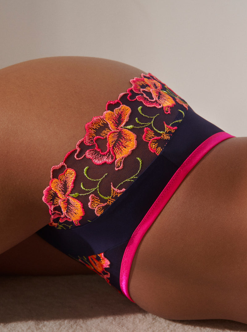 Prima Donna Devdaha Luxury floral-embroidered tulle and jersey thong in Velvet Blue