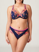Prima Donna Devdaha Luxury floral-embroidered tulle and jersey thong in Velvet Blue