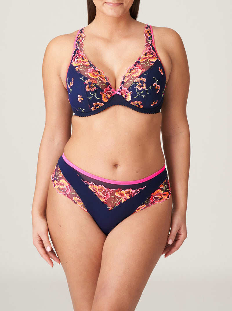 Prima Donna Devdaha Luxury floral-embroidered tulle and jersey thong in Velvet Blue