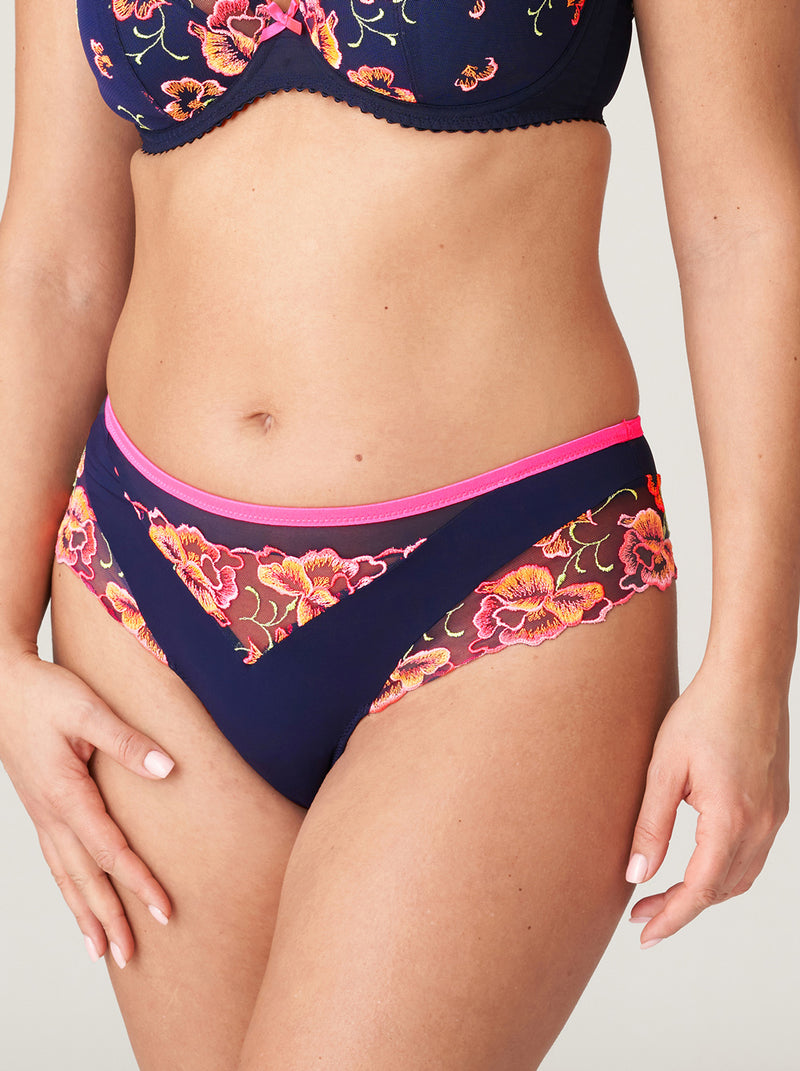 Prima Donna Devdaha Luxury floral-embroidered tulle and jersey thong in Velvet Blue